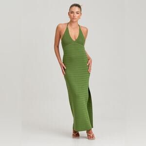 NWT Finders Keepers Iggy Crochet Knit Halter Midi Dress With Slit Green Size 6